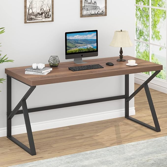 HSH Large Computer Desk, Industrial Modern Home Office Desk, Wooden and Metal PC Desk for Work Writing Study Gaming Bedroom, Farmhouse Vintage Computer Table Executive Workstation, Rustic Oak 60 Inch - LeafyLoom