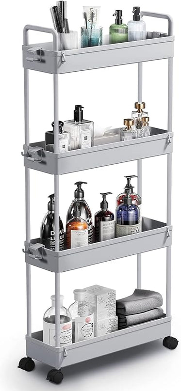 SOLEJAZZ Slim Storage Cart, 4 Tier Bathroom Organizer Mobile Shelving Unit, Rolling Utility Cart Slide Out Organizer for Kitchen, Bathroom, Laundry, Narrow Places, Gray - LeafyLoom