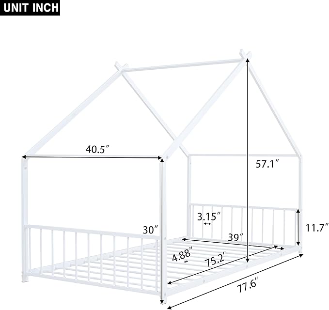 RITSU Twin Size Montessori Floor House Bed, Bedframe with Metal Slat & with Headboard and Footboard, Sturdy Construction, for Children's Room, Girls, Boys, White - LeafyLoom