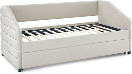 Linen Upholstered Twin Size Daybed with Trundle, Solid Wooden Bedframe w/Pull Out Bed and Tufted Decorate, No Box Spring Needed, for Kids, Bedroom, Dorm - LeafyLoom