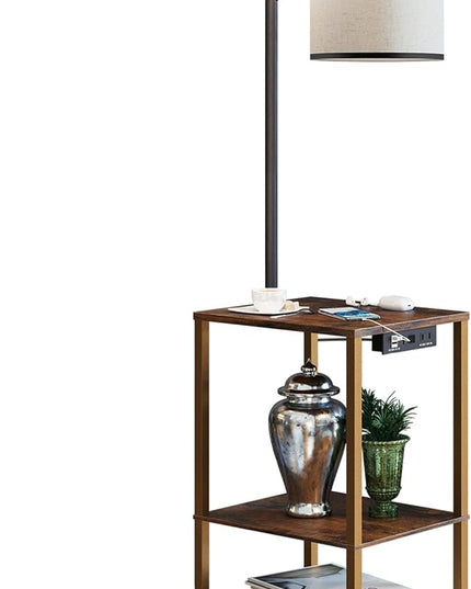 SUNMORY Rustic End Table Lamp with Table, Shelves, Charging Station(USB & AC Port) 3-Color Temperature LED Bulb For Floor, Living Room &, Bedroom(Brown) - LeafyLoom