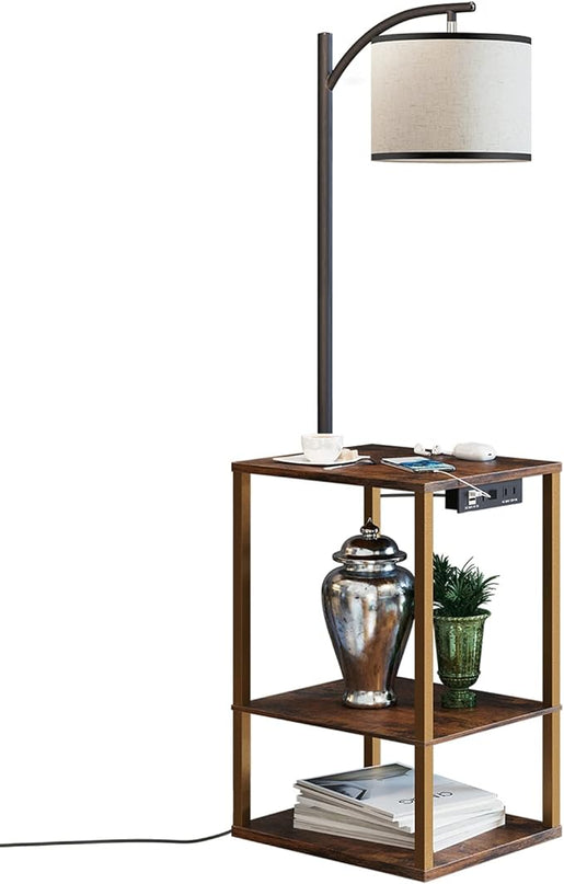 SUNMORY Rustic End Table Lamp with Table, Shelves, Charging Station(USB & AC Port) 3-Color Temperature LED Bulb For Floor, Living Room &, Bedroom(Brown) - LeafyLoom