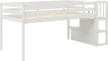 Bellemave Low Loft Bed for Kids,Twin Size Loft Bed with Storage Staircase,Wood Loft Bed Frame for Boys Girls Teens(White) - LeafyLoom