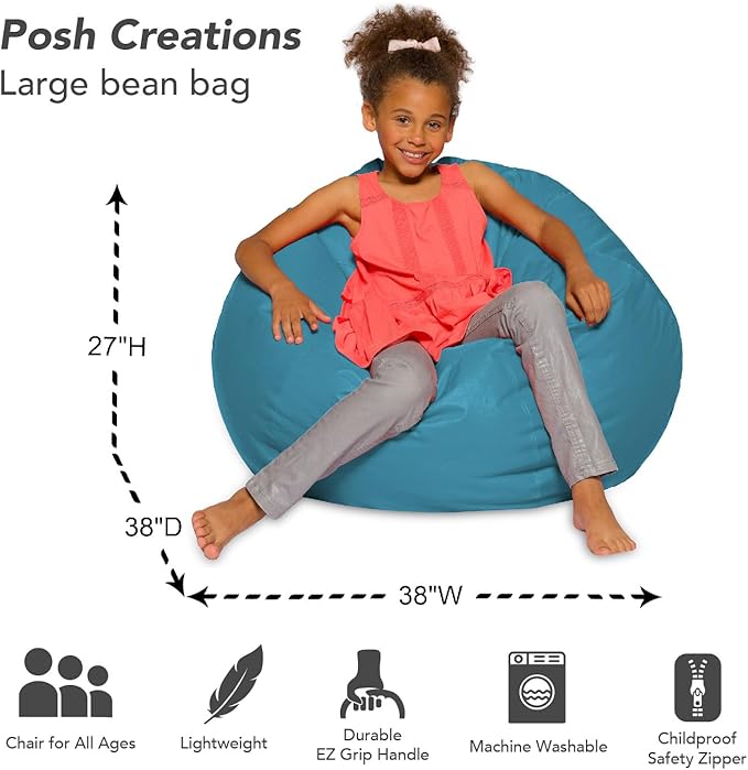 Posh Creations Bean Bag Chair for Kids, Teens, and Adults Includes Removable and Machine Washable Cover, Heather Teal, 38in - Large - LeafyLoom