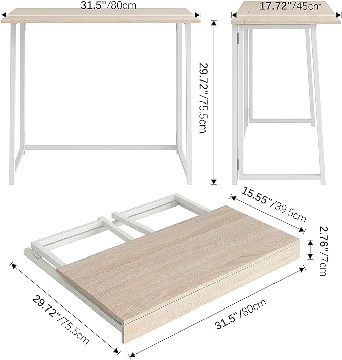 4NM 31.5" Folding Desk, Simple Assembly Computer Desk Study Writing Table for Small Space Offices/Home - Natural and White - LeafyLoom