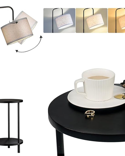 ELYONA Modern Floor Lamp for Living Room, Solid Wood Side Table Lamp with Grey Fabric Drum Shade, 3-Color Temperatures End Table Standing Light for Bedroom, Living Room, LED Bulb Included, Matte Black - LeafyLoom