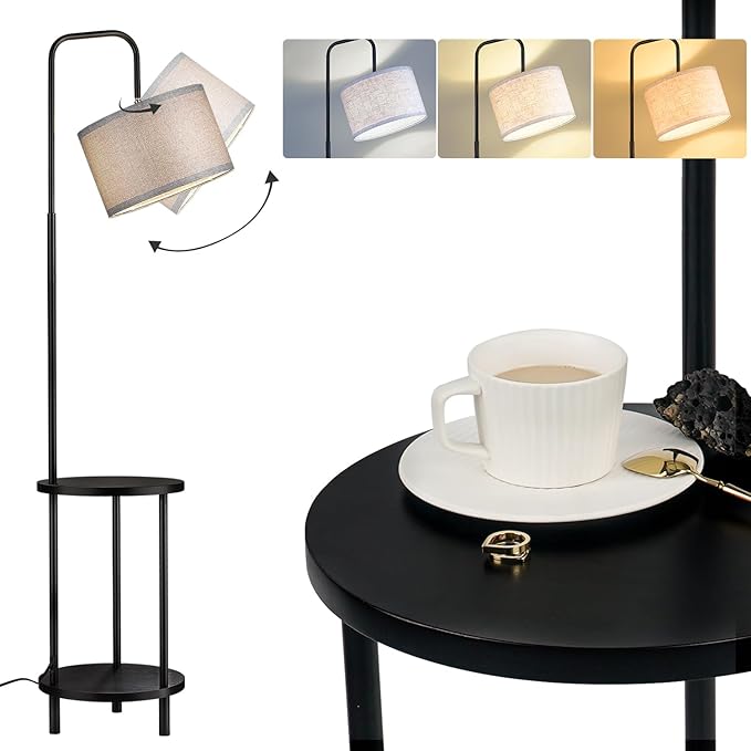 ELYONA Modern Floor Lamp for Living Room, Solid Wood Side Table Lamp with Grey Fabric Drum Shade, 3-Color Temperatures End Table Standing Light for Bedroom, Living Room, LED Bulb Included, Matte Black - LeafyLoom