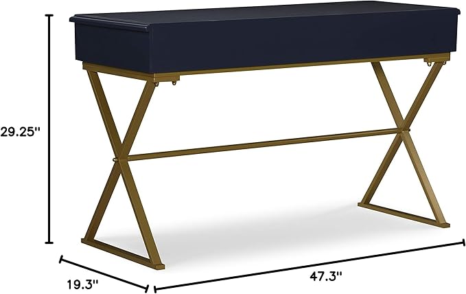Linon Campaign Desk Navy with Gold Legs, Blue - LeafyLoom