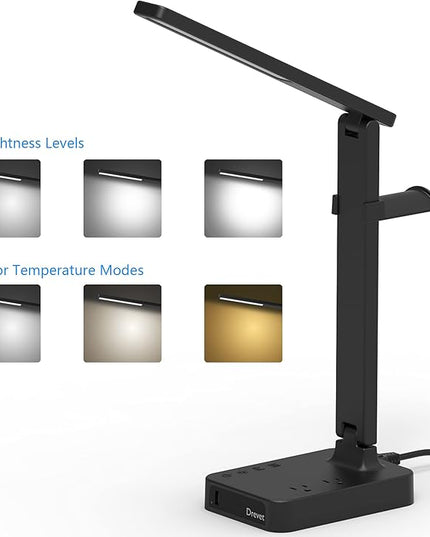 Drevet LED Desk Lamp with Headphone Stand, Desk Light with 1 USB Charging Port and 2 AC Power Outlet, 3 Lighting Modes, 3 Level Brightness,1H Timer, Memory Function, Eye-Caring Gaming Desk Lamp - LeafyLoom