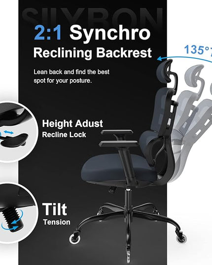 Ergonomic Office Chair - Mesh Office Chair High Back, Rolling Desk Chair, Executive Swivel Chair, Computer Chair with 3D Adjustable Armrest, 3D Lumbar Support, Blade Wheels, Adjustable Headrest - LeafyLoom