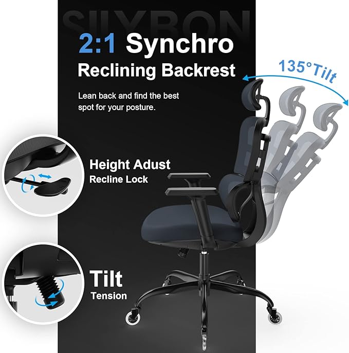 Ergonomic Office Chair - Mesh Office Chair High Back, Rolling Desk Chair, Executive Swivel Chair, Computer Chair with 3D Adjustable Armrest, 3D Lumbar Support, Blade Wheels, Adjustable Headrest - LeafyLoom
