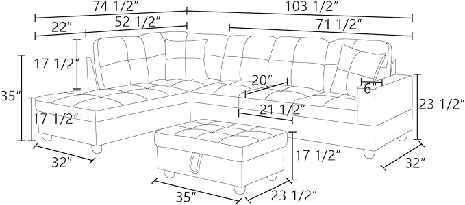 L Shaped Sofa with Ottoman Modern Sectional Living Room, Bedroom, Office, L Couch Black Stripe - LeafyLoom