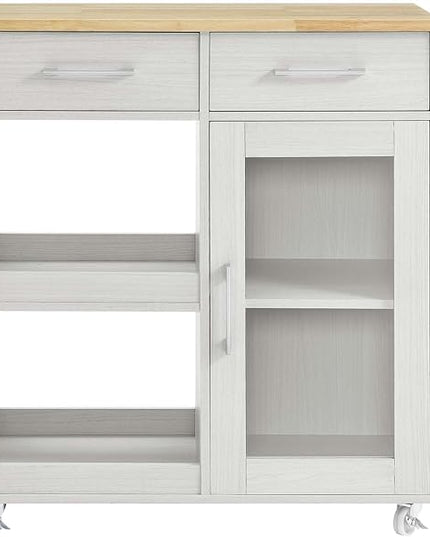 Modway Culinary Rolling Kitchen Cart with Storage in White Natural - 3 Tiers Kitchen Island on Wheels with Spice Rack, Functional as a Coffee Station, Bar Cabinet or Butcher Block Island - LeafyLoom