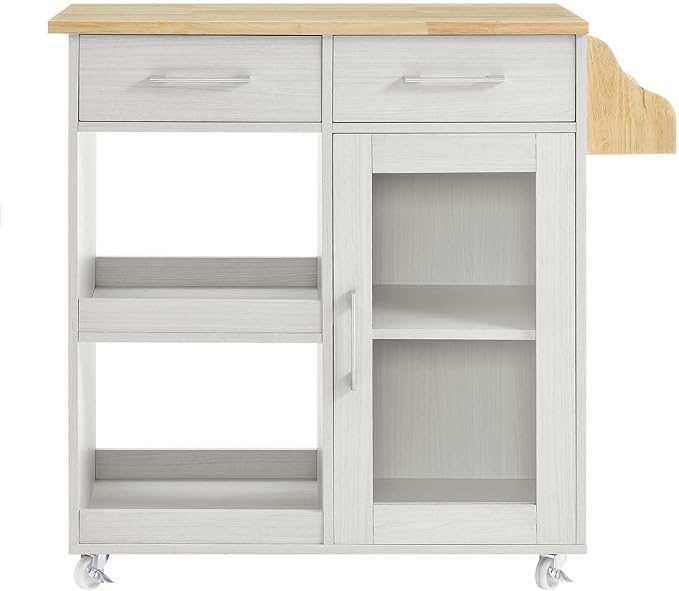 Modway Culinary Rolling Kitchen Cart with Storage in White Natural - 3 Tiers Kitchen Island on Wheels with Spice Rack, Functional as a Coffee Station, Bar Cabinet or Butcher Block Island - LeafyLoom