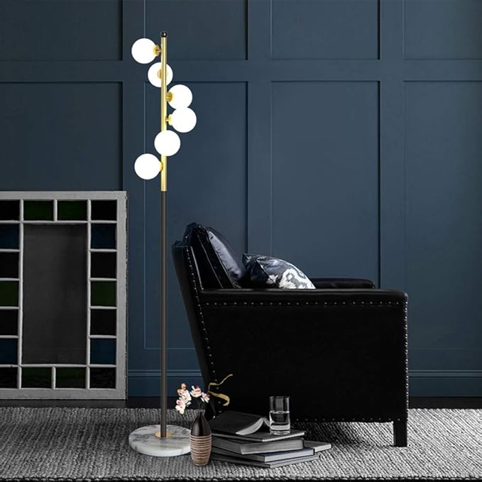 Hsyile Lighting KU300205 White Glass Shade and Marble Base Elegant Modern Creative Floor Lamp for Living Room,Bedroom,Office,6 Lights - LeafyLoom
