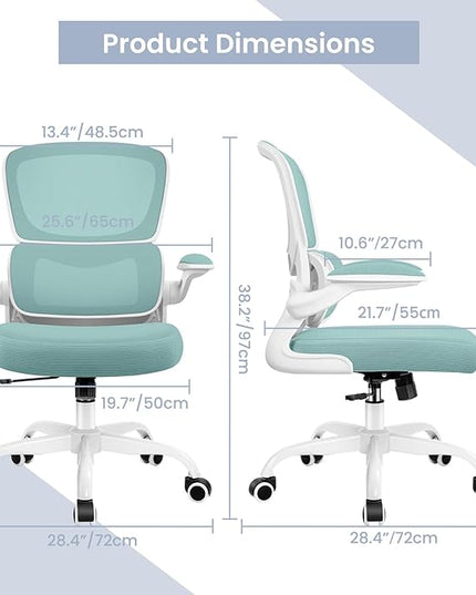 Office Chair, Ergonomic Desk Chair with Lumbar Support and Adjustable Armrests, Comfy Desk Chair Breathable Mesh Mid Back Computer Chair, Reclining Office Chair for Home Office - Mint Green - LeafyLoom