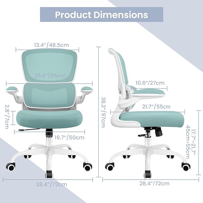 Office Chair, Ergonomic Desk Chair with Lumbar Support and Adjustable Armrests, Comfy Desk Chair Breathable Mesh Mid Back Computer Chair, Reclining Office Chair for Home Office - Mint Green - LeafyLoom