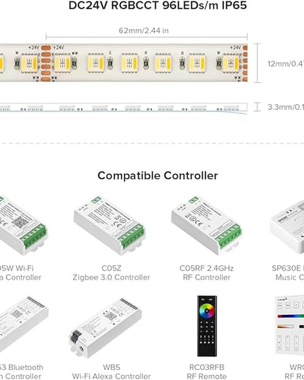 BTF-LIGHTING RGBCCT 5 Colors in 1 LED Tape Lights 5050SMD RGBWW RGB+Dimmable Color Temperature 2700K-6500K 16.4ft 96LED/m 480LED IP65 DC24V White PCB for Home Decoration(No Adapter or Controller) BTF-LIGHTING