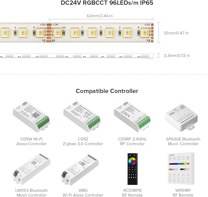 BTF-LIGHTING RGBCCT 5 Colors in 1 LED Tape Lights 5050SMD RGBWW RGB+Dimmable Color Temperature 2700K-6500K 16.4ft 96LED/m 480LED IP65 DC24V White PCB for Home Decoration(No Adapter or Controller) BTF-LIGHTING