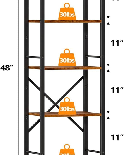 Furologee 5 Tier Tall Bookshelf, Rustic Narrow Bookcase, Display Standing Shelf Units, Metal and Wood Storage Shelves Organizer for Bedroom, Living Room, Home Office, Entryway, Kitchen, Rustic Brown - LeafyLoom