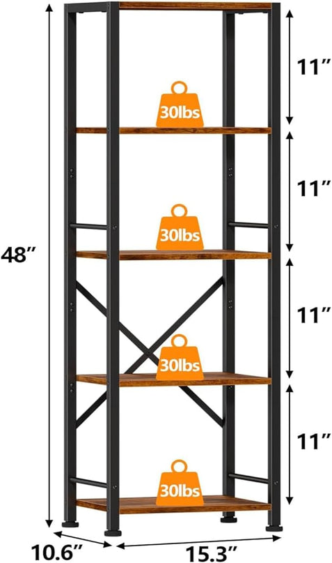 Furologee 5 Tier Tall Bookshelf, Rustic Narrow Bookcase, Display Standing Shelf Units, Metal and Wood Storage Shelves Organizer for Bedroom, Living Room, Home Office, Entryway, Kitchen, Rustic Brown - LeafyLoom