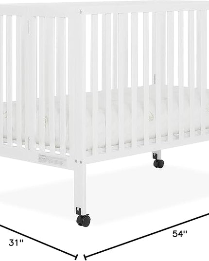 Quinn Full-Size Folding Crib In White, Removeable Wheels, Modern Nursey, Adjustable Mattress Support, Portable Crib, Patented Folding System - LeafyLoom
