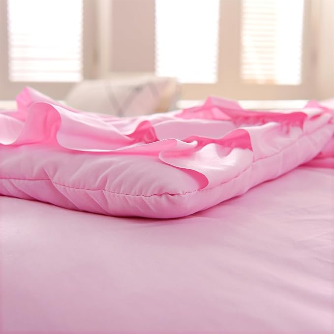 A Nice Night Waterfall Flutter Ruffle 3PCS Comforter Set,Chic Ruffled Textured Princess Bedding Set,DarkPink,Full - LeafyLoom
