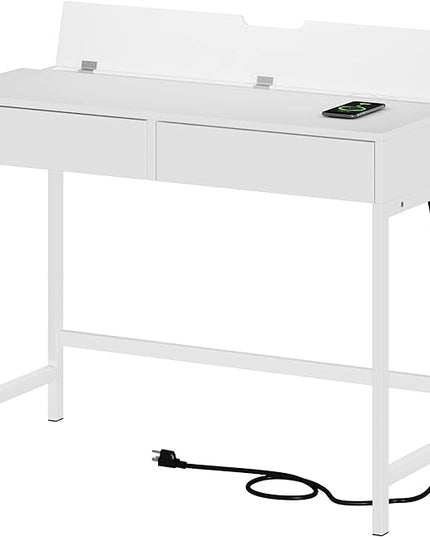 Treocho Computer Desk with USB Charging Ports and Power Outlets, Modern Simple 40 inch White Desk with 2 Drawers, Vanity Desk, Makeup Table for Home Office, Bedroom - LeafyLoom
