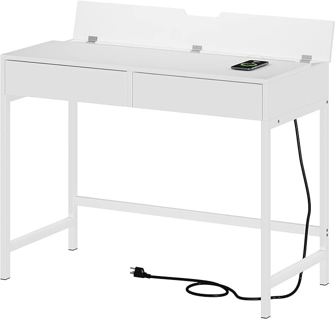 Treocho Computer Desk with USB Charging Ports and Power Outlets, Modern Simple 40 inch White Desk with 2 Drawers, Vanity Desk, Makeup Table for Home Office, Bedroom - LeafyLoom
