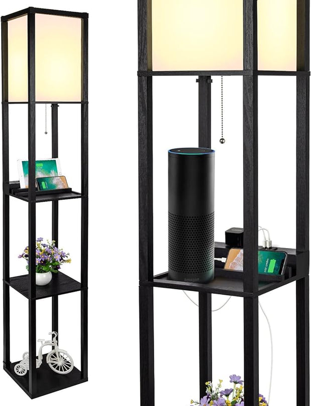 SHINE HAI 3-in-1 Shelf Floor Lamp with 1 USB&Type C&1 AC Outlet, 3-Tiered LED Shelf Lamp, Shelf & Storage Floor Lamp Combination Modern Standing Light - LeafyLoom