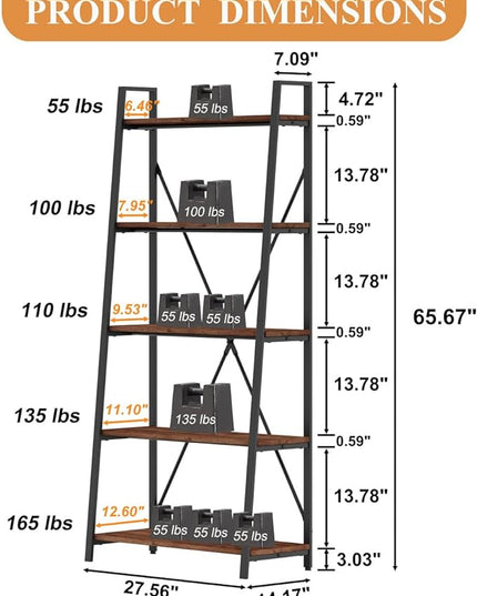 BON AUGURE Ladder Shelf Bookcase, 5-Tier Industrial Ladder Bookshelf, Tall Living Room Shelves, Wood and Metal Leaning Shelf for Home Office, Kitchen, Bedroom, Balcony (Rustic Oak) - LeafyLoom