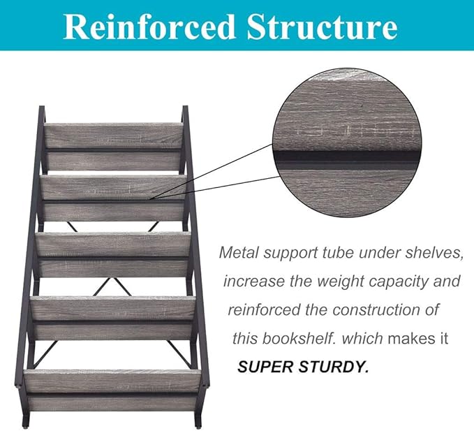 BON AUGURE Industrial Bookshelf, Etagere Bookcases and Book Shelves 5 Tier, Rustic Wood and Metal Shelving Unit (Dark Gray Oak) - LeafyLoom