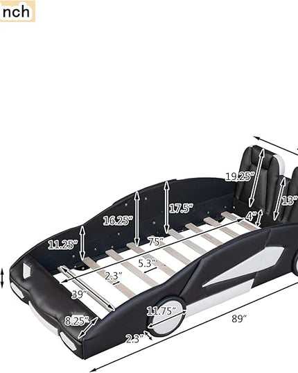 Twin Size Boys Car Bed,Race Car-Shaped Platform Wooden Bedframe with Wheels & Both Sides,Slat Support,Toy Furniture for Kids Toddlers Child's Bedroom,Black - LeafyLoom
