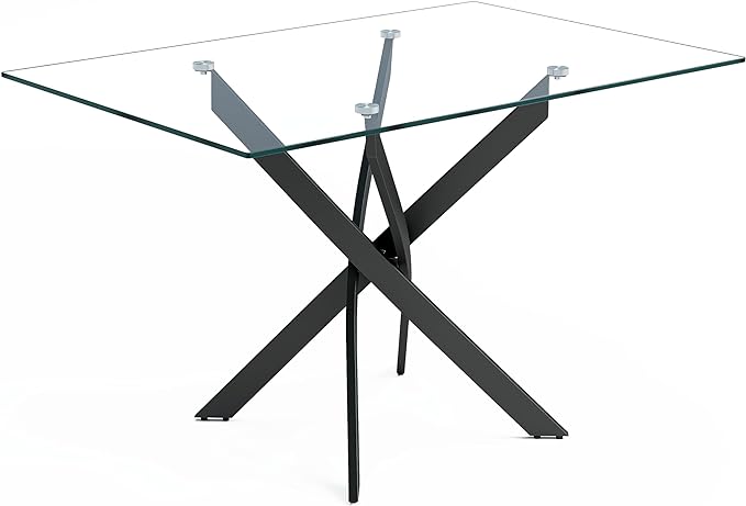 Tempered Glass Dining Table with Black Metal Legs, 47" Modern Rectangular Kitchen Table for Dining Room Kitchen,Black - LeafyLoom