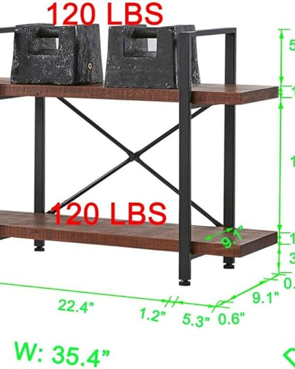 HSH Natural Real Wood Bookshelf, 2 Tier Small Rustic Vintage Industrial Etagere Bookcase, Low Open Metal Farmhouse Solid Wooden Book Shelf, 2 Shelf Bookcase for Living Room Bedroom, Distressed Brown - LeafyLoom