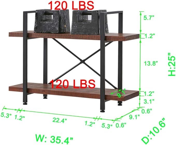 HSH Natural Real Wood Bookshelf, 2 Tier Small Rustic Vintage Industrial Etagere Bookcase, Low Open Metal Farmhouse Solid Wooden Book Shelf, 2 Shelf Bookcase for Living Room Bedroom, Distressed Brown - LeafyLoom