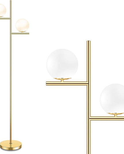 Mid Century Floor Lamp - 2 Globe Modern Standing Lamp with Foot Pedal, Frosted Glass Stand Up Lights for Living Room, Bedroom, Office, Contemporary LED Antique Brass|Gold Tall Pole Light Indoor - LeafyLoom