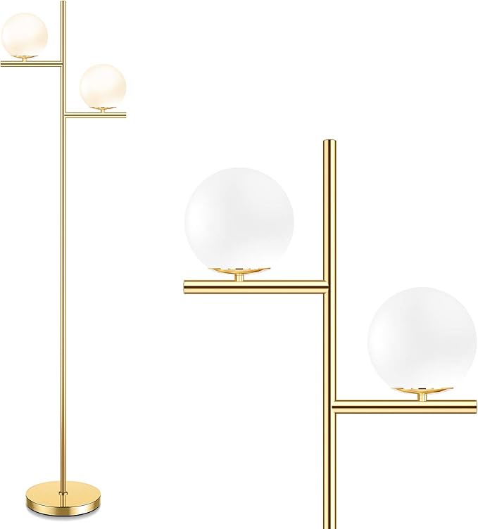 Mid Century Floor Lamp - 2 Globe Modern Standing Lamp with Foot Pedal, Frosted Glass Stand Up Lights for Living Room, Bedroom, Office, Contemporary LED Antique Brass|Gold Tall Pole Light Indoor - LeafyLoom
