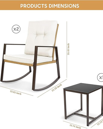 YIYAN 3 Pieces Patio Bistro Set Outdoor Rattan Wicker Rocking Chairs Set,Patio Outdoor Furniture Conversation Sets with Sofa Chairs,Glass Coffee Table and Washable cushion (Light Beige) - LeafyLoom
