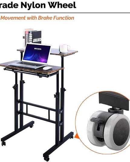 AIZ Double Adjustable Computer Desk Home Office Workstation with Rolling Wheels, Portable Laptop Table for Standing or Sitting, Adults or Children,Brown, Black & Yellow - LeafyLoom