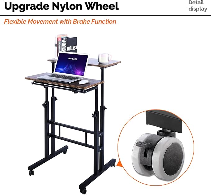 AIZ Double Adjustable Computer Desk Home Office Workstation with Rolling Wheels, Portable Laptop Table for Standing or Sitting, Adults or Children,Brown, Black & Yellow - LeafyLoom