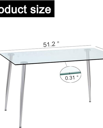 NicBex Modern Minimalist Rectangular Glass Dining Table for 4-6 with 0.31" Tempered Glass Tabletop and Silver Plating Metal Legs, Writing Table Desk, for Kitchen Dining Living Room, Transparent - LeafyLoom