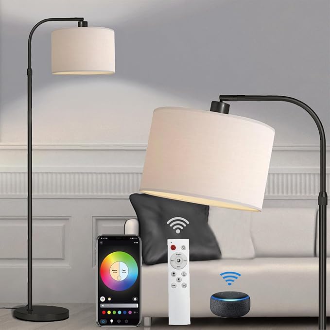 Black Floor Lamp with Remote Control, 1200 Lumens 15W LED Bulb Included, Adjustable Height Arc Floor Lamps for Living Room, Black Standing Lamp Dimmable Floor Lamp for Bedroom, Office - LeafyLoom