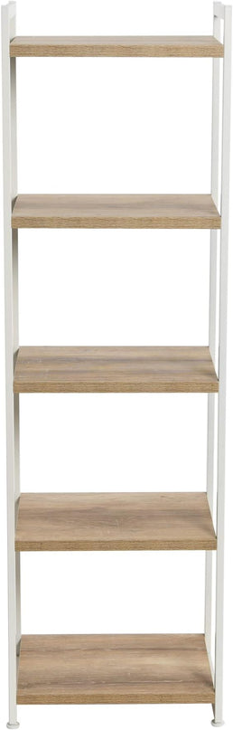 Household Essentials Jamestown Narrow 5 Shelf Open Storage Bookshelf Coastal Oak Rustic Wood Grain and White Metal - LeafyLoom