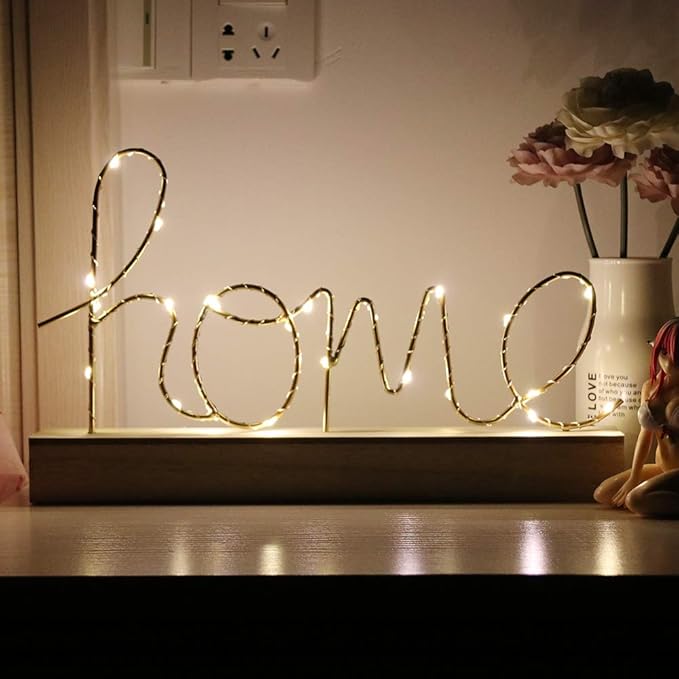 GUOCHENG home Alphabet Letter Light Battery Operated LED Table Lamps home Romantic Decorative Mood Lights Starry String Night Light, Wedding Christmas Bedroom Decor(Metal home) - LeafyLoom