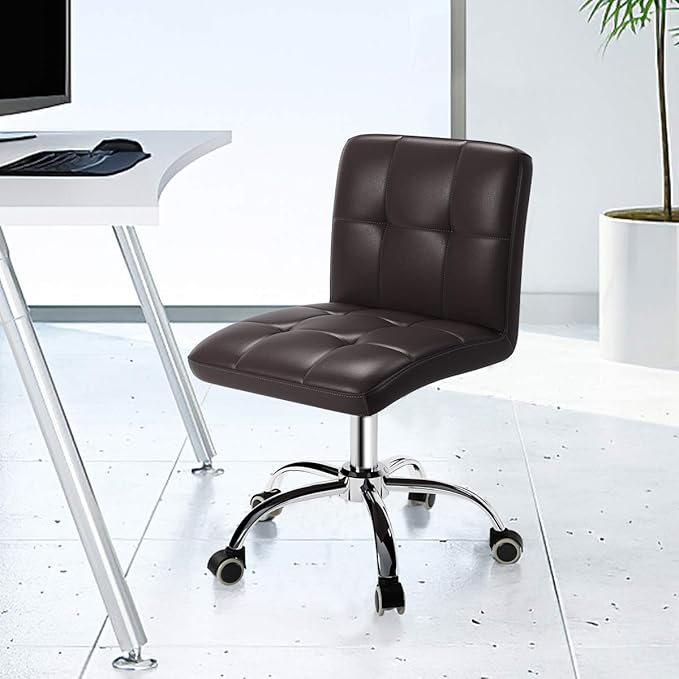 360° Office Desk Chair,PU Adjustable Rolling Task Chair with Backrest for Barber,Office,Home, Computer,360° Swivel,Armless (brown) - LeafyLoom