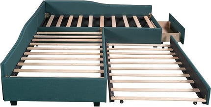 L-Shaped Upholstered Twin Size Daybed with Storage Drawer and Trundle, Twin Size Double Platform Beds Corner Bed Daybed for Kids, Green - LeafyLoom