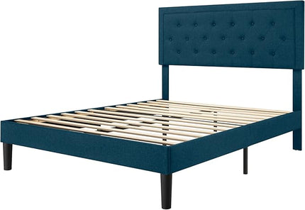 Allewie Queen Size Bed Frame Upholstered Platform Bed with Adjustable Headboard, Button Tufted, Wood Slat Support, Easy Assembly, Blue - LeafyLoom