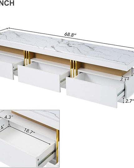Merax Luxury TV Stand with High Gloss Faux Marble Top, Golden Panel Design, and 3 Drawers for Televisions Up to 78'', Rectangle Media Console, Practical Entertainment Center for Living Room, White - LeafyLoom