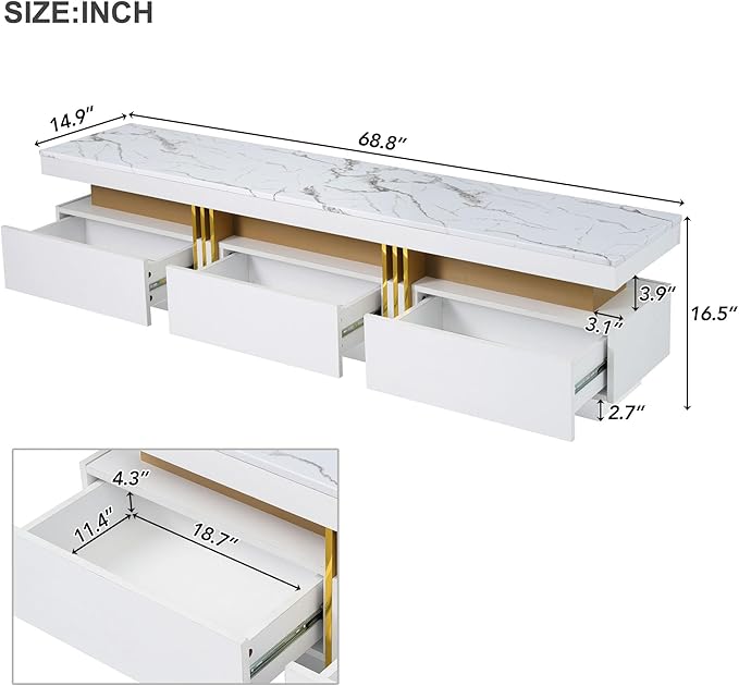 Merax Luxury TV Stand with High Gloss Faux Marble Top, Golden Panel Design, and 3 Drawers for Televisions Up to 78'', Rectangle Media Console, Practical Entertainment Center for Living Room, White - LeafyLoom